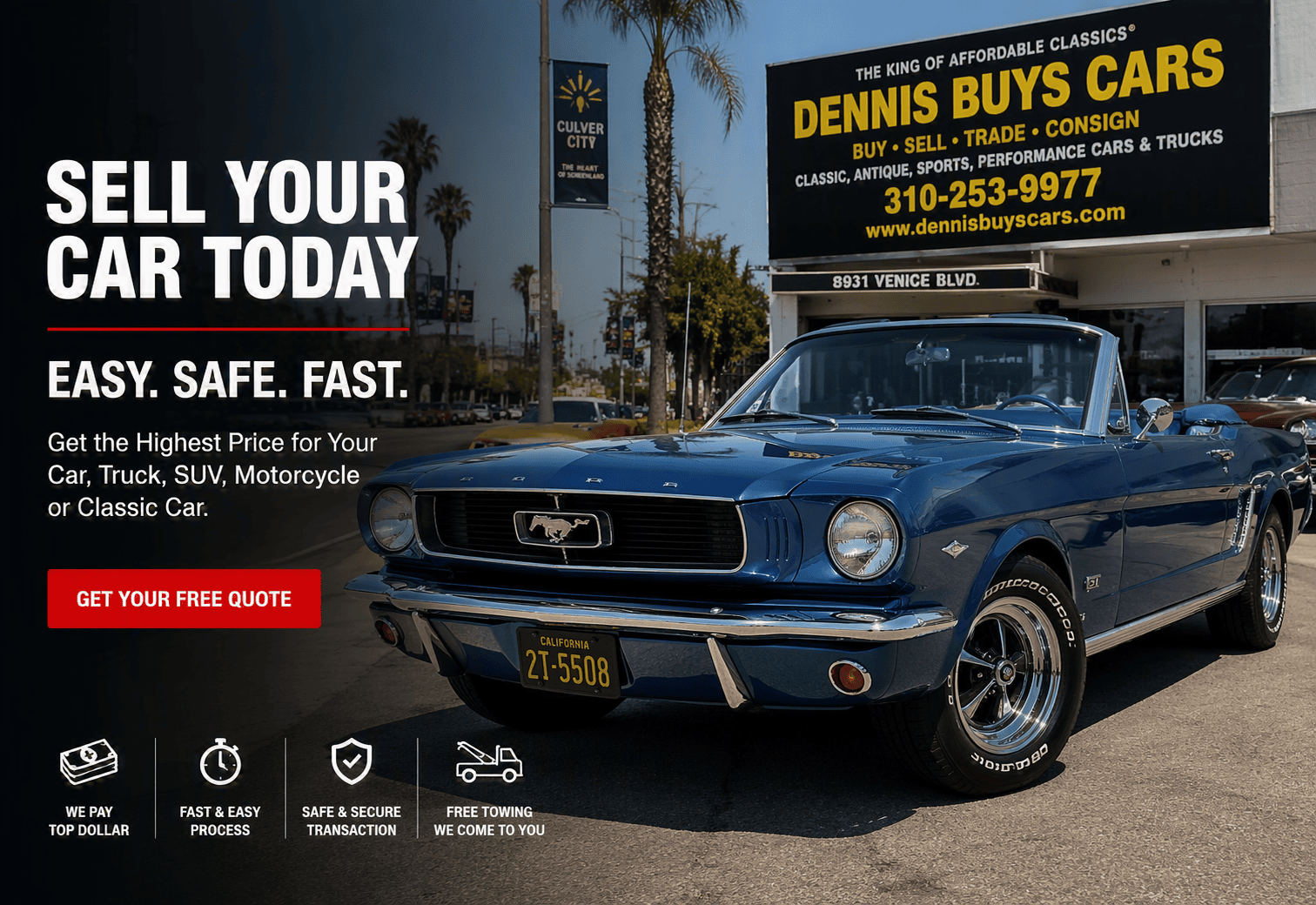 Blue classic Mustang Convertible in front of Dennis Buys Classic Cars dealership.