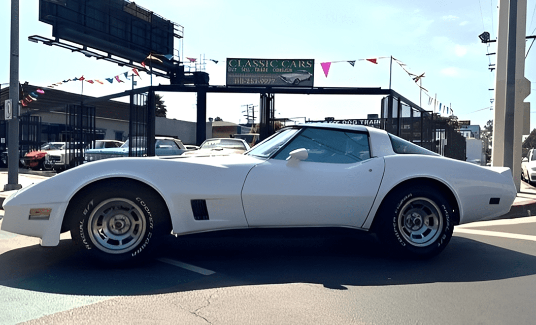 White classic car parked on street.