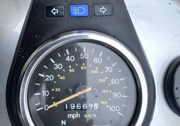 Motorcycle speedometer showing 19667 miles.